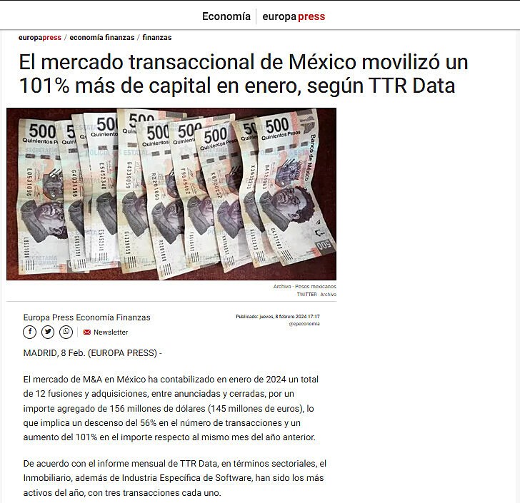 El mercado transaccional de Mxico moviliz un 101% ms de capital en enero, segn TTR Data